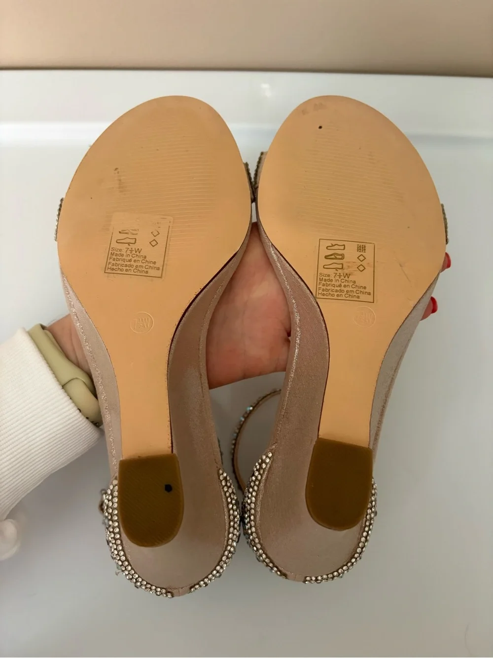 David's Bridal Champagne Blush Rhinestone Wedge Sandals Sz 7.5